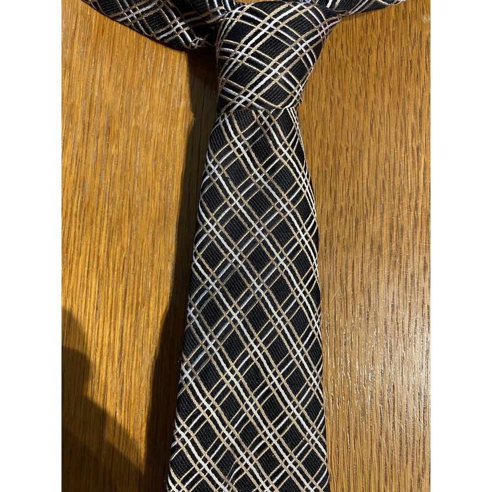 PERRY ELLIS PORTFOLIO Men's Silk Necktie Designer Black Gold Silver Plaid EUC‎
